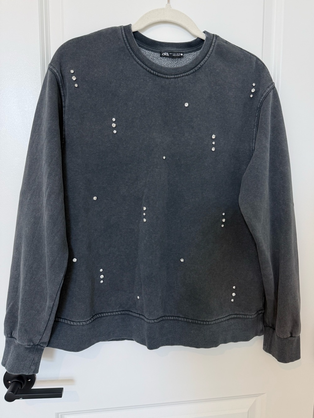Zara Charcoal Grey Crystal-Stud Crewneck Sweatshirt
